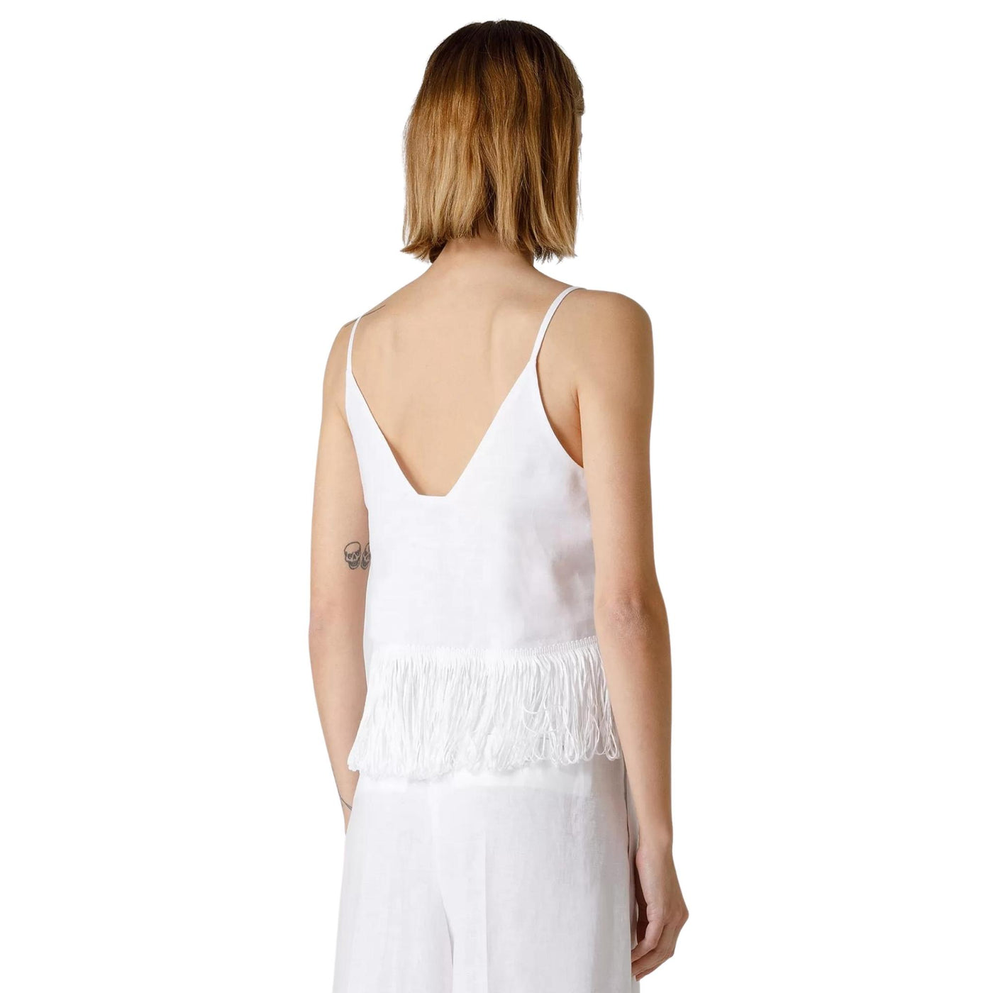 t-shirt donna seventy scollo a v con frange bianco retro
