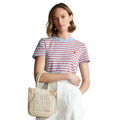 T-shirt Donna a righe orizzontali con mini logo sul petto