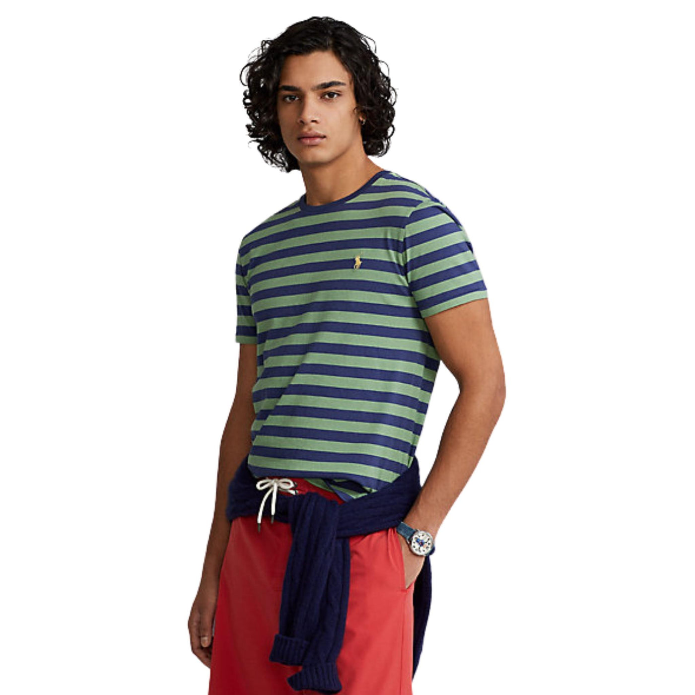 t-shirt uomo ralph lauren slim fit a righe orizzontali verde frontale
